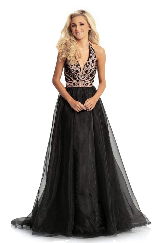 Johnathan Kayne - 9066 Bead Embellished Plunging Halter Ballgown In Black and Gold