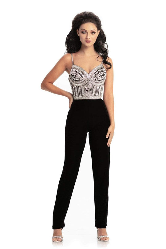 Johnathan Kayne - 9069 Bejeweled Sweetheart Stretch Velvet Jumpsuit In Black