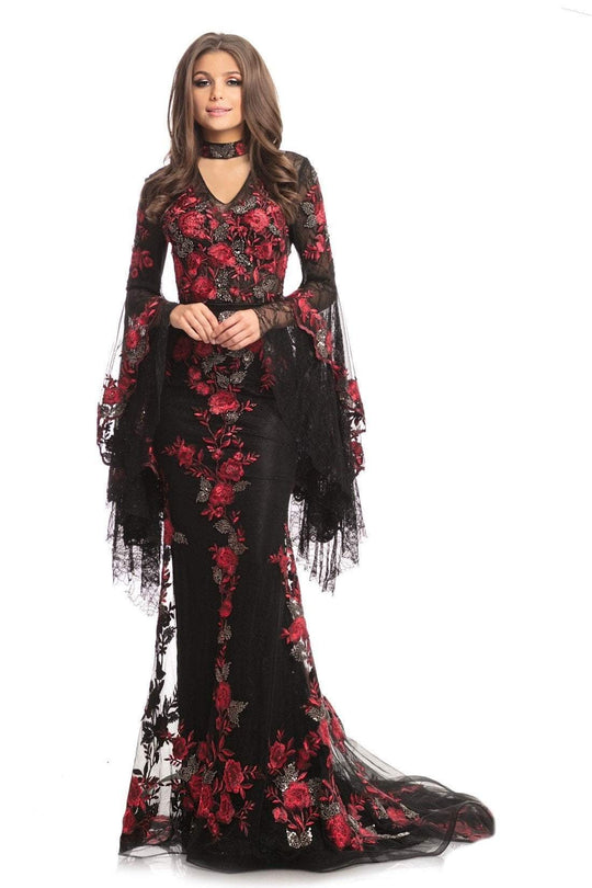 Johnathan Kayne - 9070 Floral Embroidered High Neck Evening Gown In Black and Red