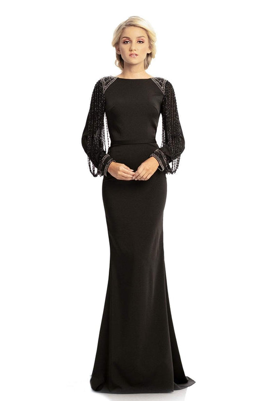 Johnathan Kayne - 9073 Bead Embellished Bateau Long Sleeves Gown In Black