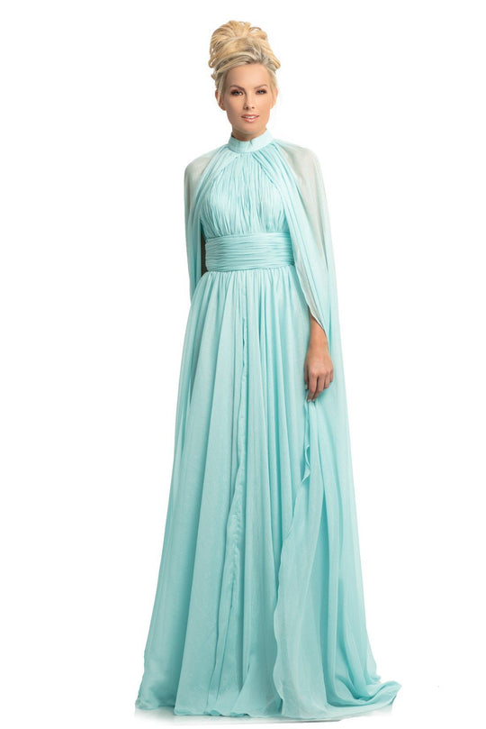 Johnathan Kayne - 9074 Ruched High Neck Gown with Cape Sleeves In Blue