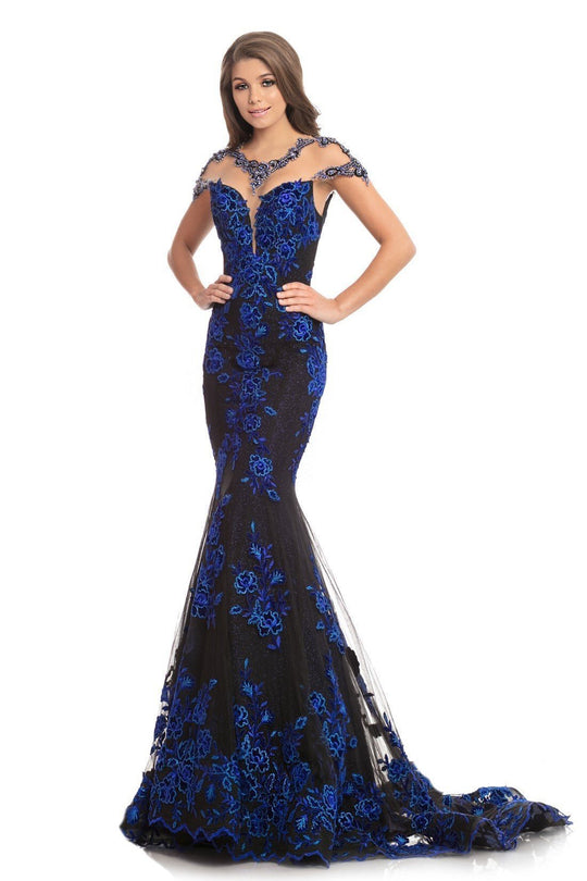 Johnathan Kayne - 9077 Floral Embroidered Mermaid Gown With Train In Black and Blue