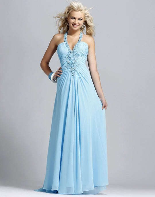 Blush - Beaded Halter Long Dress 9078 in Blue