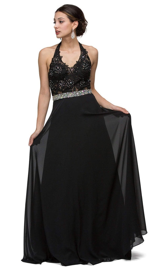 Dancing Queen - 9078 Simple Long Dress with Dazzling Belt in Black
