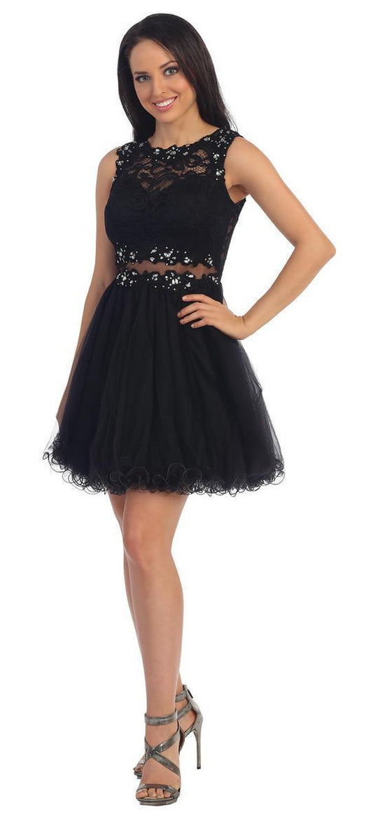 Dancing Queen Sleeveless Lace Illusion Tulle Short Prom Dress 9080 in Black