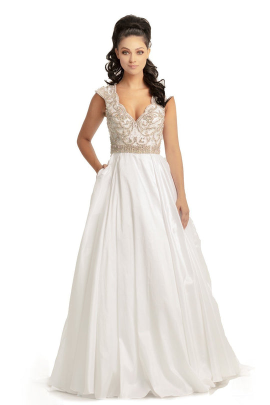 Johnathan Kayne - 9081 Beaded V-Neck Cap Sleeves Ballgown In White
