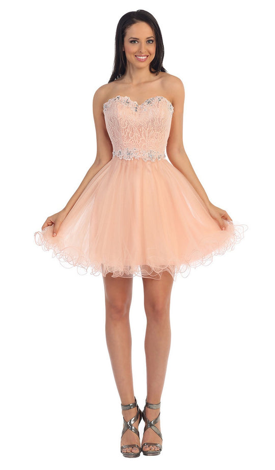 Dancing Queen - 9082 Strapless Appliqued Lace Bodice Cocktail Dress