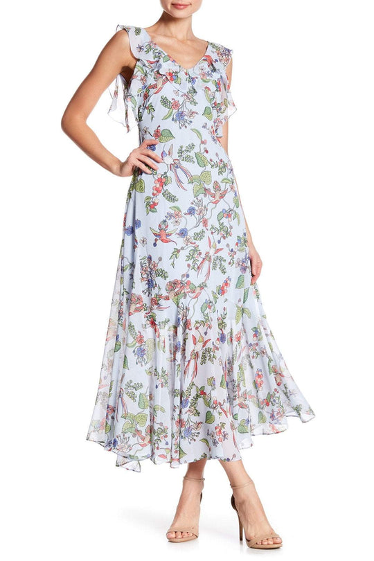 Nanette Nanette Lepo - NX8S19J05 Printed V-neck A-line Dress In Blue and Multi-Color