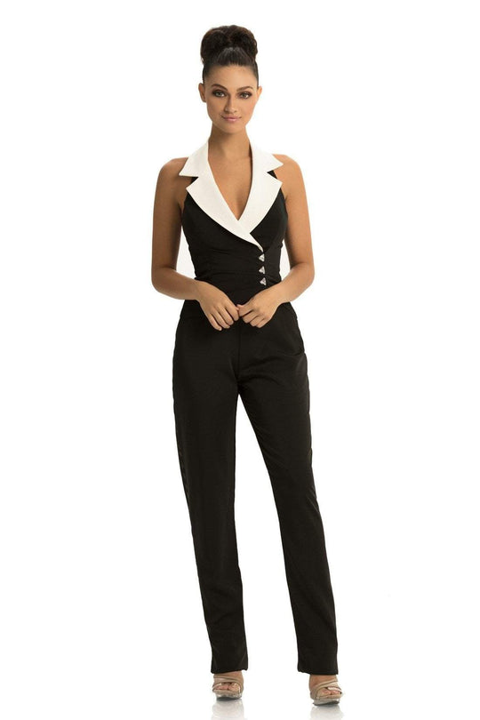 Johnathan Kayne - 9082 Embellished Halter V-neck Fitted Jumpsuit In Black and White
