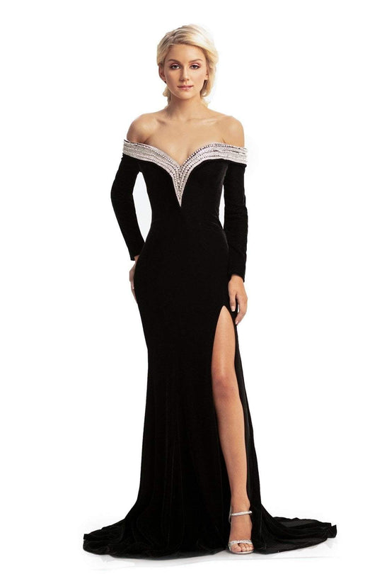 Johnathan Kayne - 9084 Embellished Long Sleeve Off-Shoulder Dress In Black