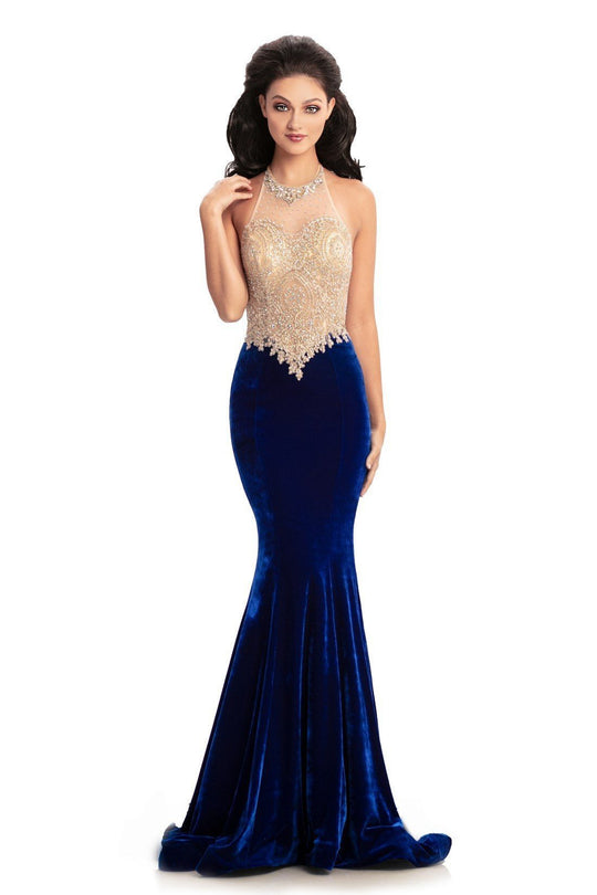Johnathan Kayne - 9087 Lace Appliqued Illusion Halter Gown In Blue and Gold