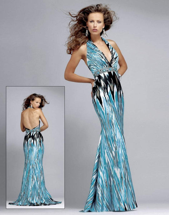 Blush - Printed Halter Long Dress 9088 in Blue and Multi-Color