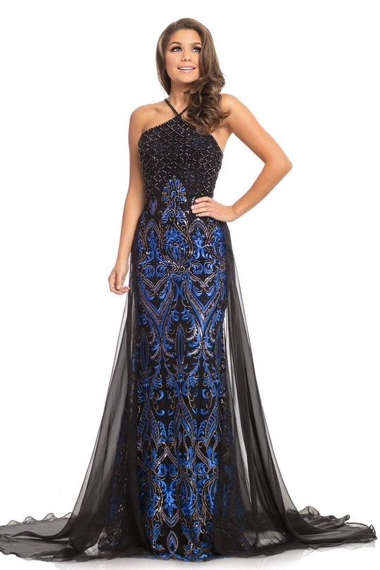 Johnathan Kayne - 9088 Embellished Halter Trumpet Dress With Overskirt In Black and Blue