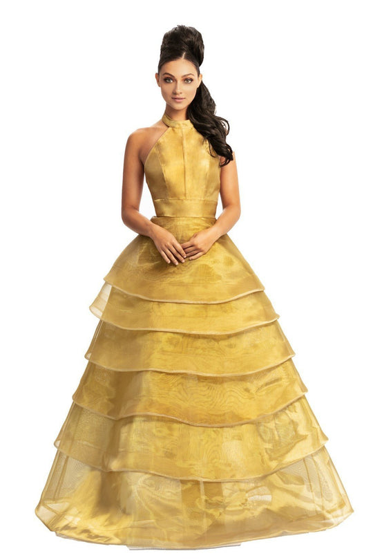 Johnathan Kayne - 9093 High Halter Tiered Ballgown In Gold