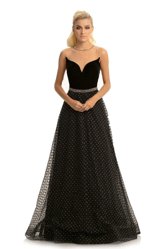 Johnathan Kayne - 9094 Embellished Illusion Jewel Velvet A-line Dress In Black and Neutral