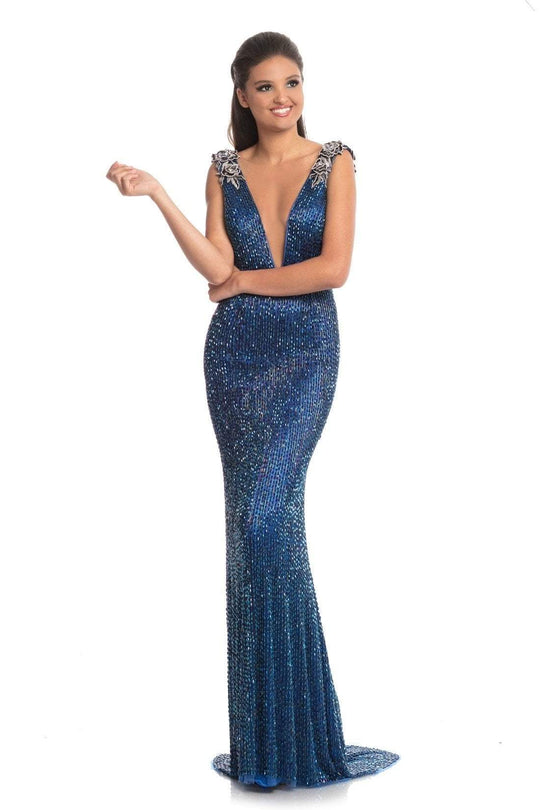 Johnathan Kayne - 9097 Bedazzled Deep V-neck Trumpet Dress In Blue