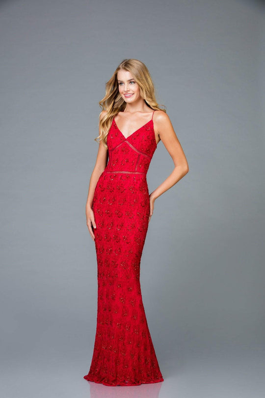 Scala - 48960 Bedazzled V-neck Trumpet Dress In Red