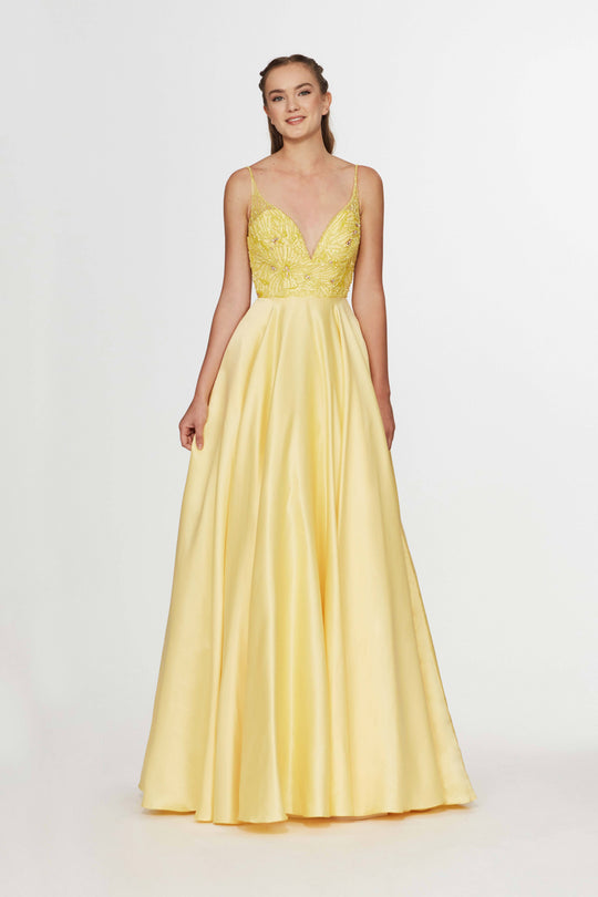 Angela & Alison - 91001 Sleeveless Low Scoop Back Beaded Satin Gown In Yellow