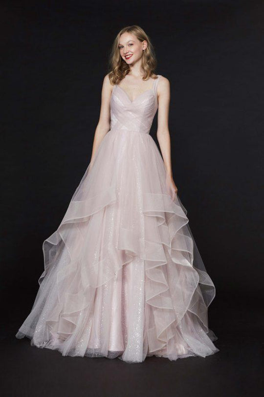 Angela & Alison - 91003 Sleeveless V Neck Drape Ruffled Glitter Ballgown In Pink