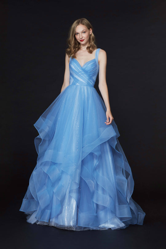 Angela & Alison - 91003 Asymmetrical Hemmed Glitter Ballgown In Blue