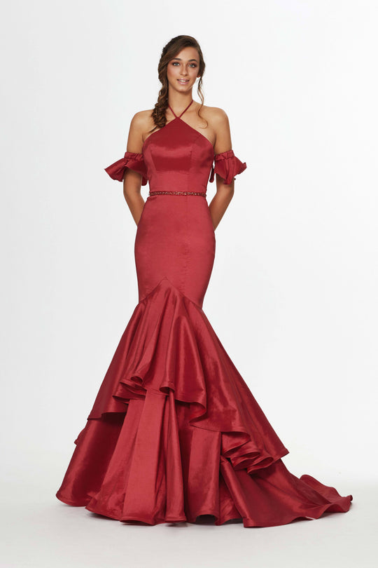 Angela & Alison - 91005 Embellished Halter Tiered Mermaid Dress In Red and Gold