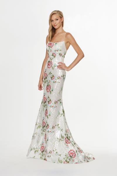 Angela & Alison - 91007 Allover Sequin Floral Motif Mermaid Gown In Silver and Floral