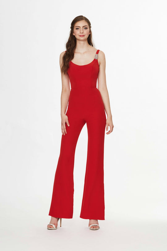 Angela & Alison - 91008 Brooch Accented Flared Jumpsuit In Red