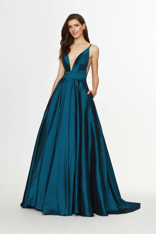 Angela & Alison - 91009 Plunging V-Neck Sleek Taffeta Gown In Blue and Green