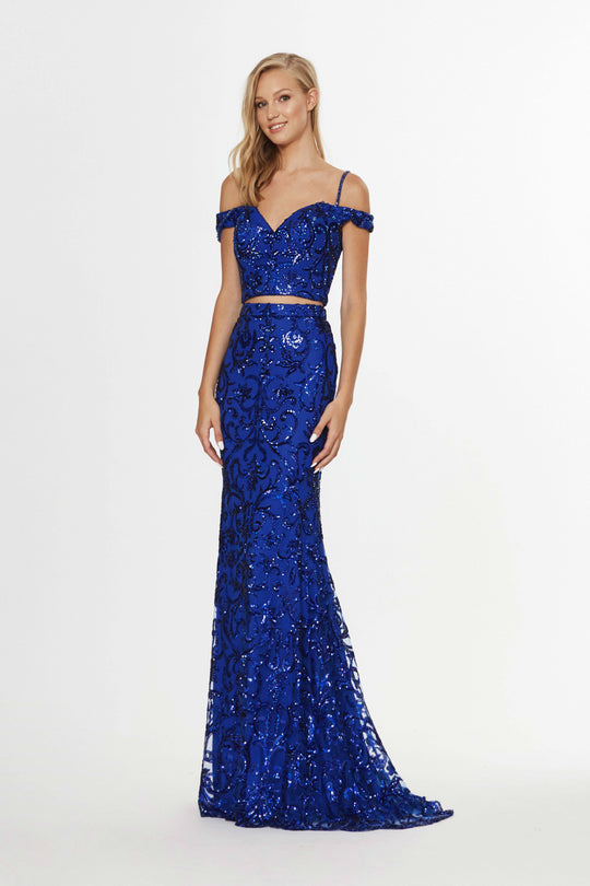 Angela & Alison - 91010 Sequin Embellished Off Shoulder Two-Piece Gown In Blue