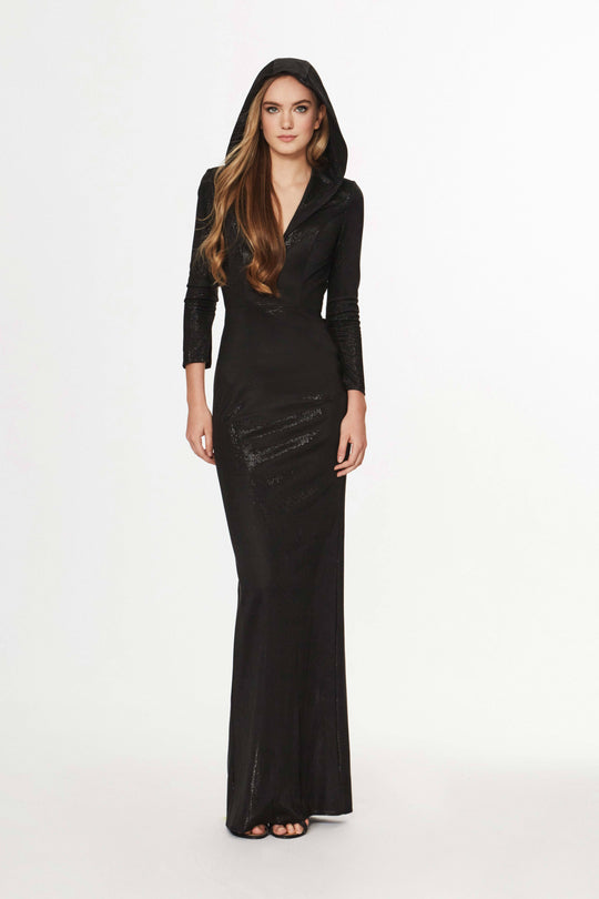 Angela & Alison - 91011 Hooded Long Sleeve Metallic Sheath Gown In Black