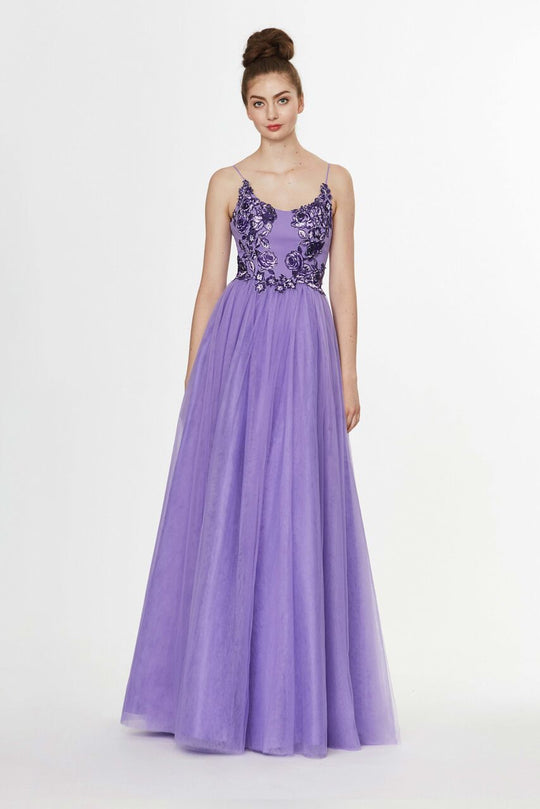 Angela & Alison - 91013 Blossom Appliqued Scoop Neck Tulle Gown In Purple