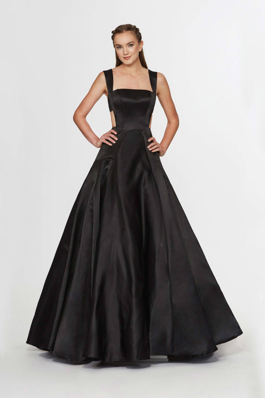 Angela & Alison - 91014 Square Neck Banded Cutout Back Ballgown In Black