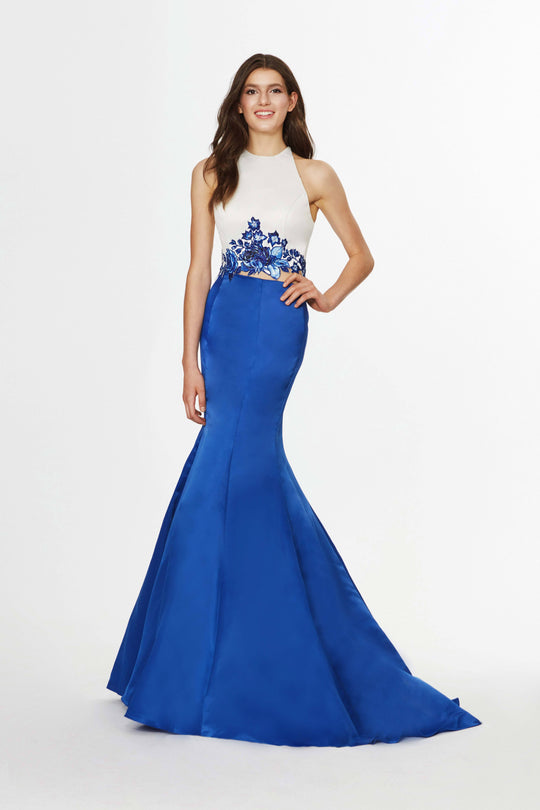 Angela & Alison - 91015 Two-Piece Rose Motif Appliqued Mermaid Gown In Blue