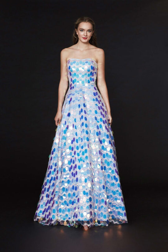 Angela & Alison - 91017 Sequined Strapless A-Line Gown In Blue