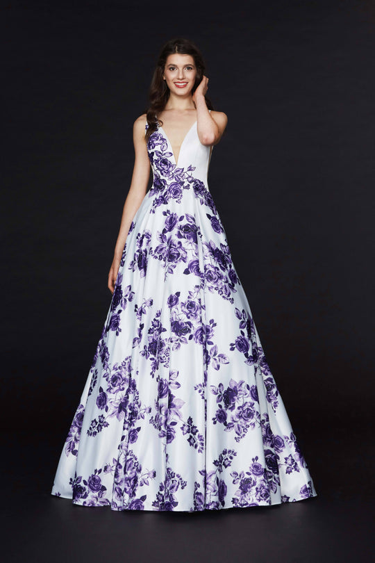 Angela & Alison - 91019 Deep V-neck Floral Satin A-line Dress In White and Purple
