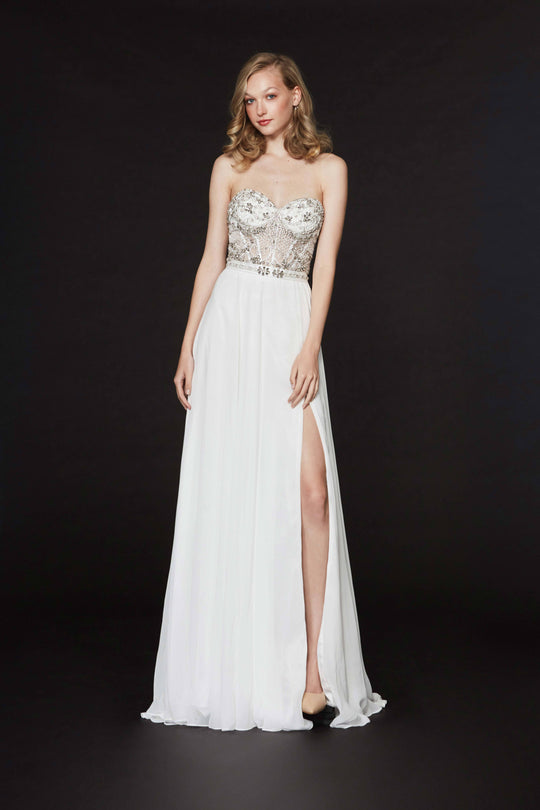 Angela & Alison - 91020 Strapless Illusion Corset High Slit Gown In White