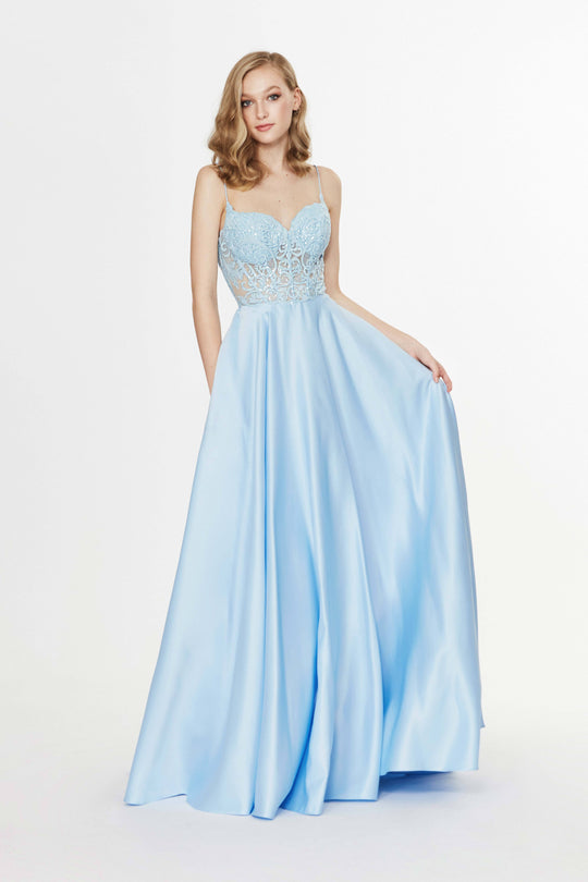 Angela & Alison - 91022 Ornate Illusion Corset Bodice A-Line Gown In Blue