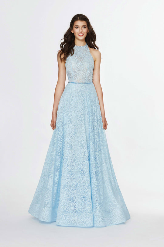 Angela & Alison - 91023 Lace Halter A-line Dress In Blue and Multi-Color