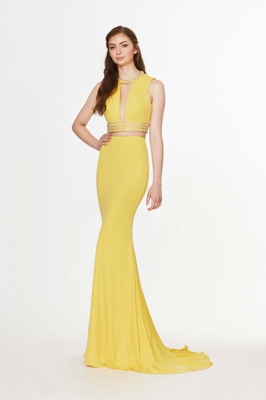 Angela & Alison - 91024 Beaded Plunging Cutout Mermaid Gown In Yellow