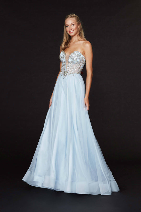 Angela & Alison - 91025 Plunging Illusion Corset Appliqued Gown In Blue