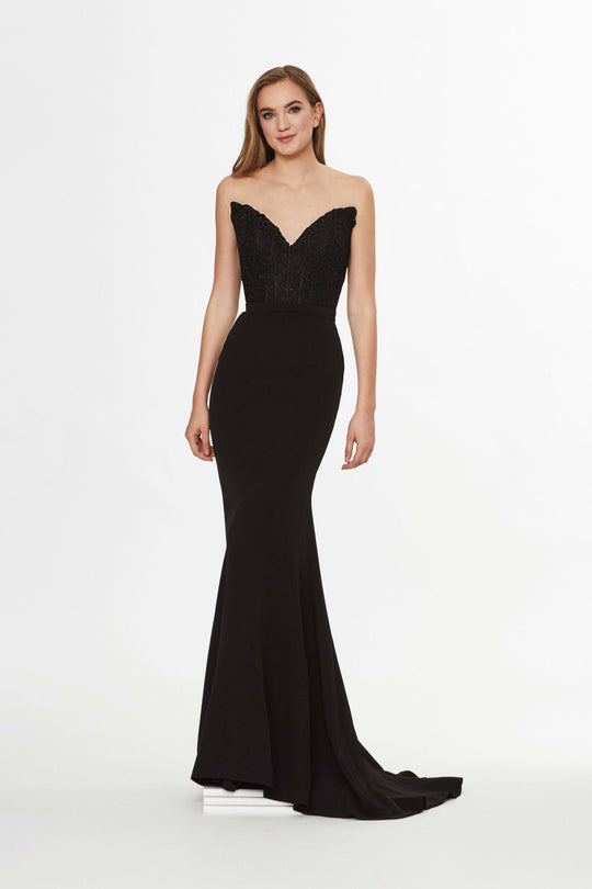 Angela & Alison - 91028 Strapless V Neck Lace Top Crepe Mermaid Gown In Black