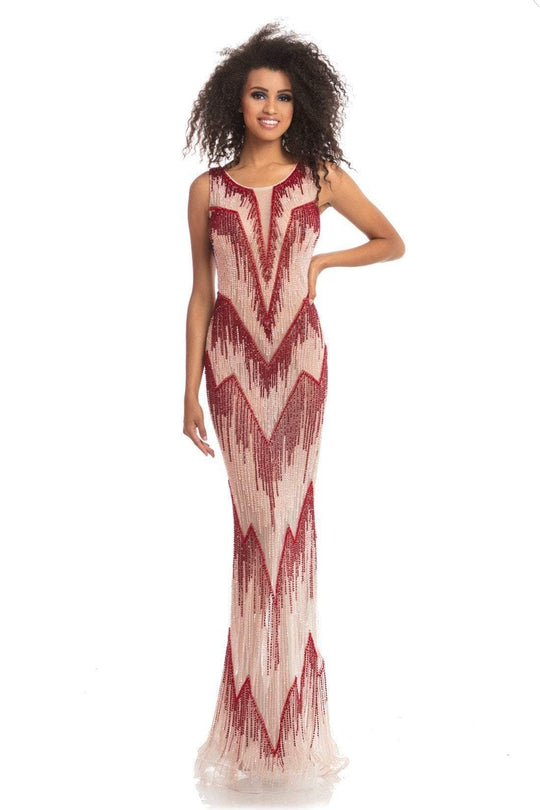 Johnathan Kayne - 9102 Two Tone Embellished Scoop Sheath Dress In Red