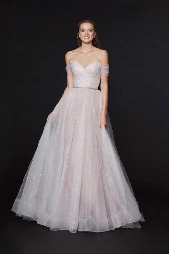 Angela & Alison - 91030 Off Shoulder Glitter A-Line Gown In Pink