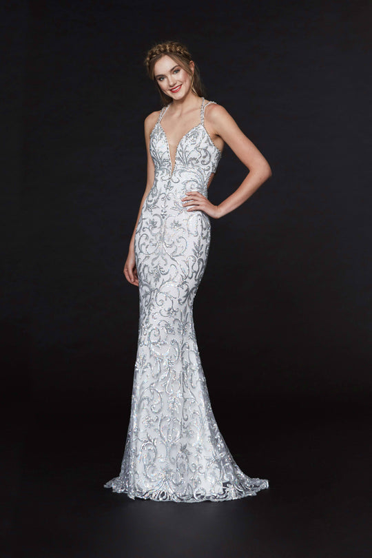 Angela & Alison - 91031 Plunging Illusion Pattern Sequin Evening Gown In Silver