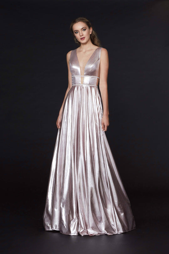 Angela & Alison - 91034 Plunging V-Neck Pleated A-Line Gown In Pink