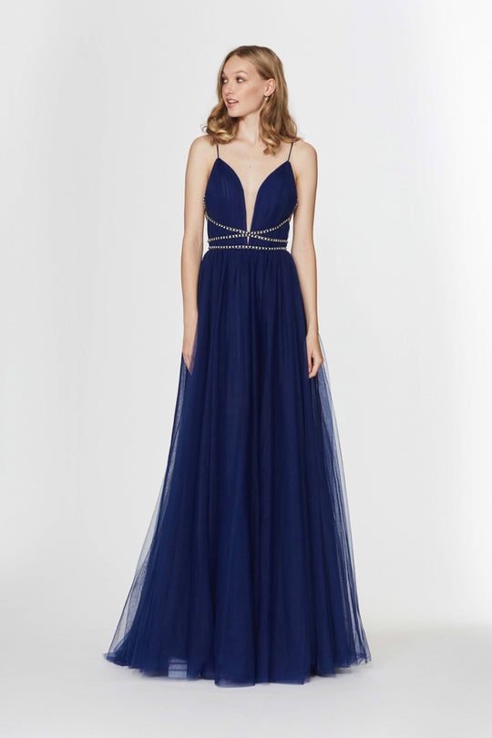 Angela & Alison - 91036 Grecian Style Rhinestone Ornate A-Line Gown In Blue