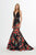 Angela & Alison - 91037 Floral Satin Deep V-neck Mermaid Dress In Black and Red