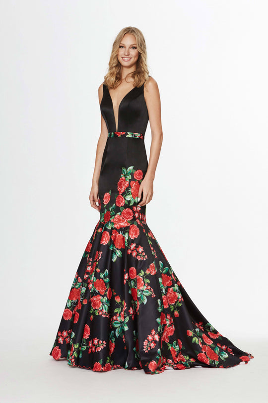 Angela & Alison - 91037 Floral Satin Deep V-neck Mermaid Dress In Black and Red