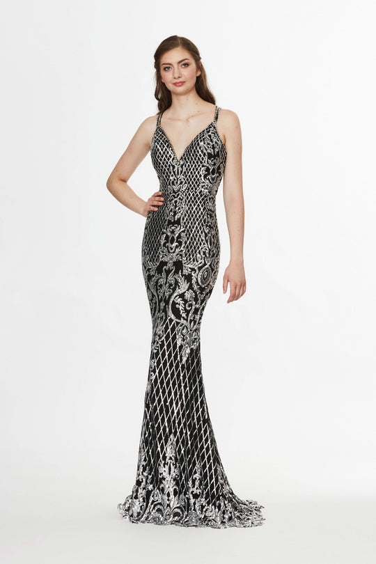 Angela & Alison - 91038 Sequined V-Neck Sheath Evening Gown In Black