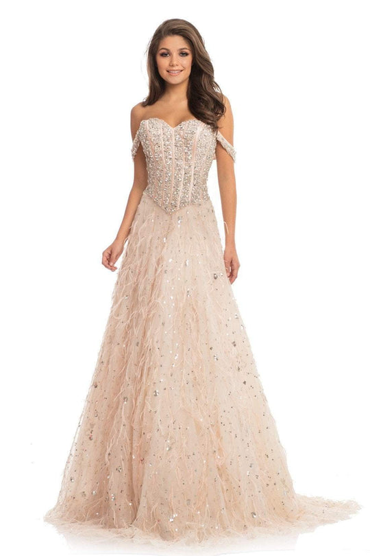 Johnathan Kayne - 9103 Beaded Ostrich Off-Shoulder A-line Dress In Pink